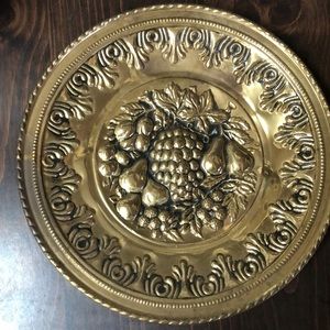 Brass vintage plate with fruit, Made in England, 12”